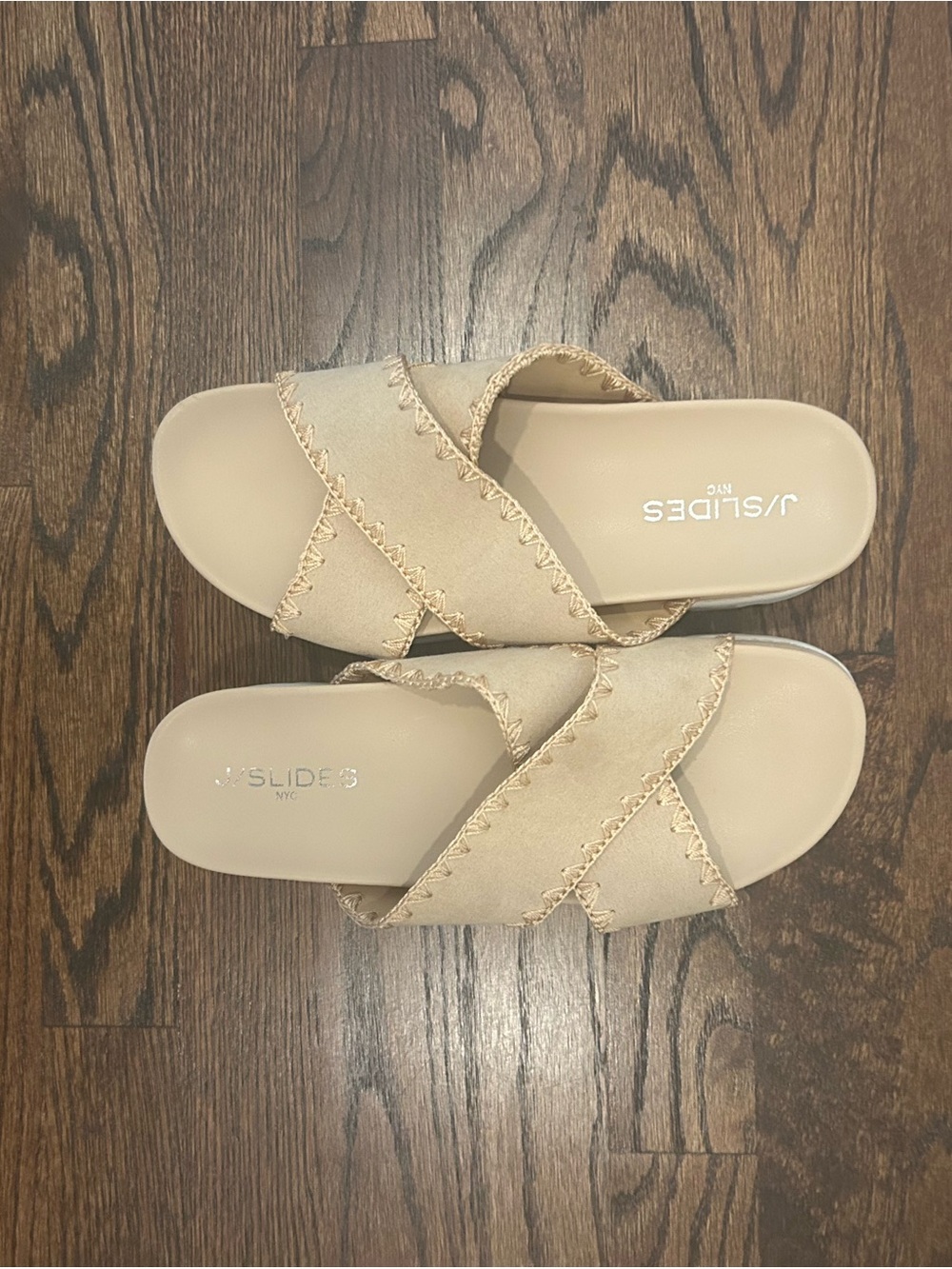 J/SLIDES Tan Crisscross Fringe Slide Sandals